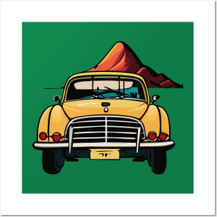 t-shirt design featuring a vintage car with a scenic landscape in the background, detailed illustration, and retro style. Posters and Art